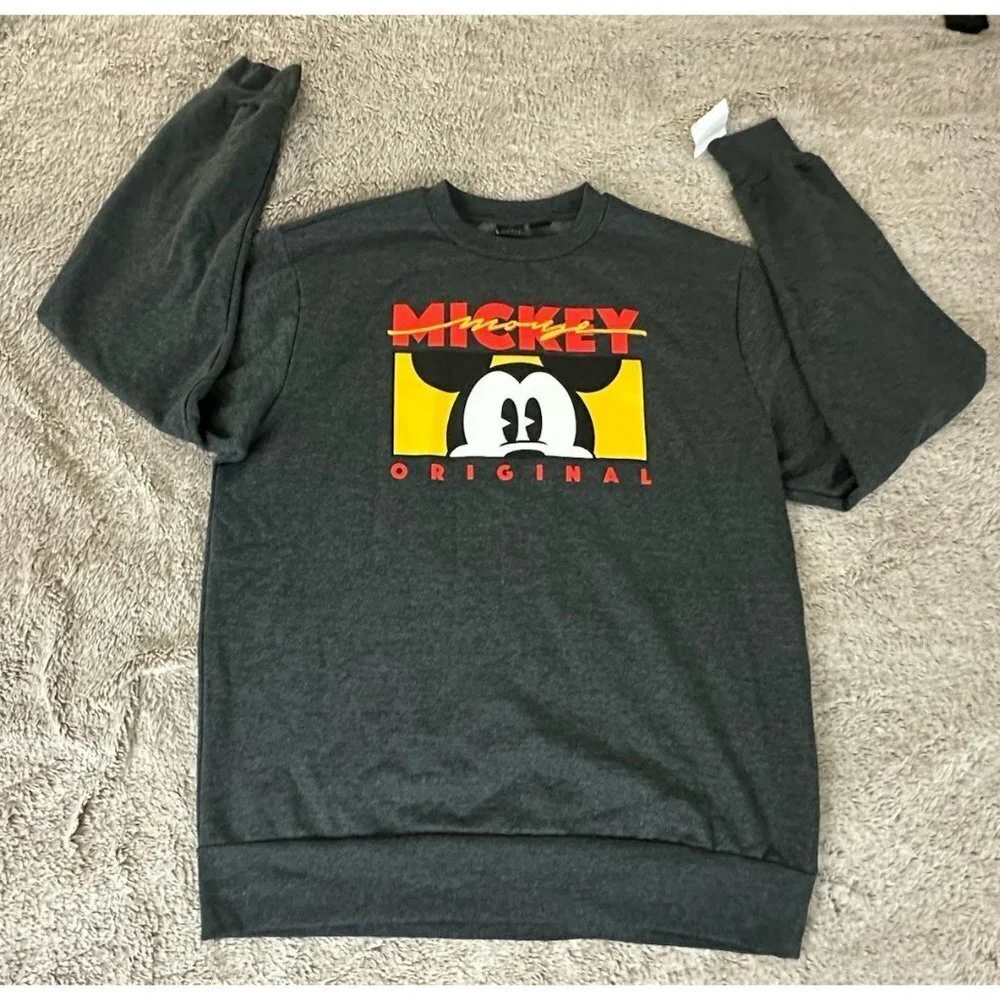 Disney Mens Size L Mickey Mouse Original Charcoal Heather Fleece Sweatshirt NEW - Picture 4 of 13